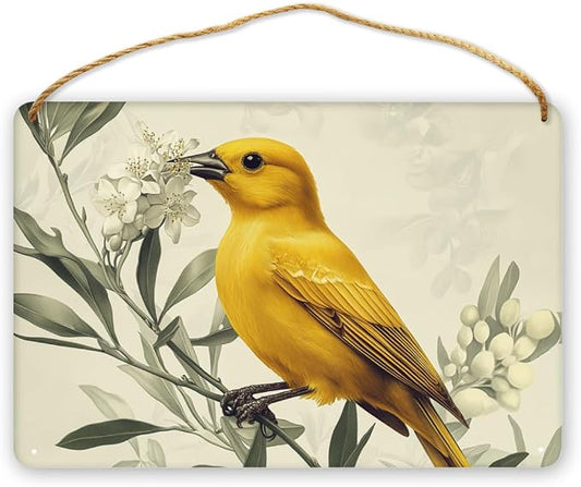 Artful Retro Yellow Bird on Blossom branches Wooden Wall Art, Botanical Home Decors for Nostalgia Seekers, 12x8 Inch Wood Sign for a Warm Living Space Touch