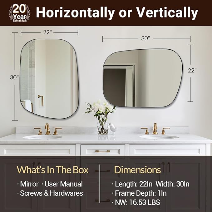 ANDY STAR 22"x30" Chrome Bathroom Mirror, Irregular Wall Mirror in Stainless Steel Metal Frame, Modern Polished Chrome Finish with Curved Edge Design, Wall-Mount Vertically or Horizontally