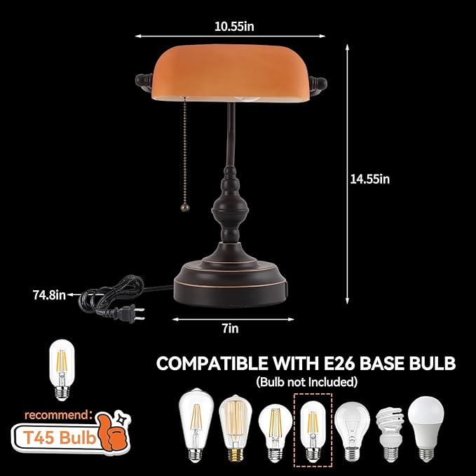 Bankers Desk Lamp with Pull Chain Switch, Vintage Banker's Desk Lamp with USB A and Type C Charging Port, Library Lamp for Office Study Room, Amber Glass Bronze Desk Lamps