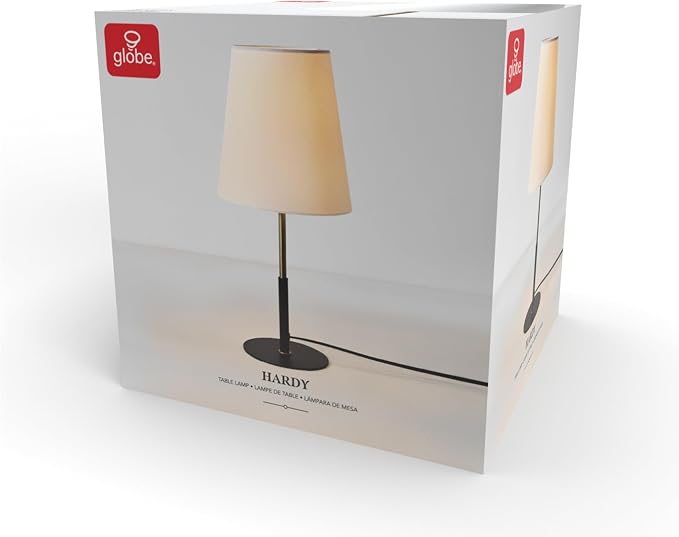 GLOBE Electric 61000045 16" Table Lamp, Matte Black, Brass Accents, White Linen Shade, On/Off Rotary Switch on Socket, Table Lamps for Living Room, Bedroom, Office, Den, Apartment Essentials