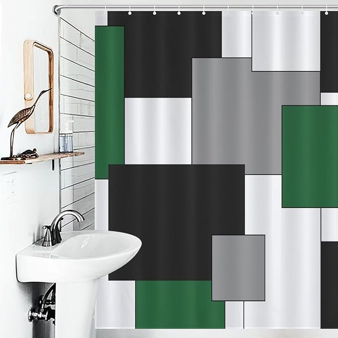 Retro Geometric Shower Curtain,Green Black Modern Geometry Minimalist Neutral Design Bathroom Curtain Polyester Waterproof Fabric Decor 66x72in（168x183cm）