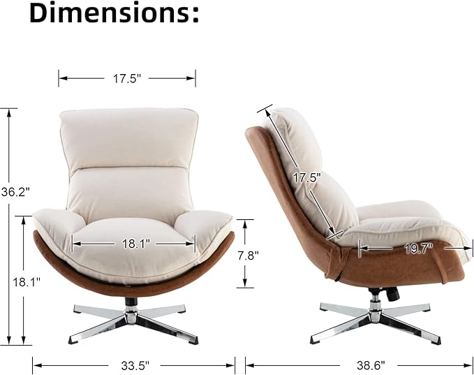 LukeAlon Linen Swivel Lounge Chairs Set of 2, Upholstered High Back Accent Chairs with Metal Base Comfy Recliner Chair Modern Single Sofa Chair for Living Room Office, Beige