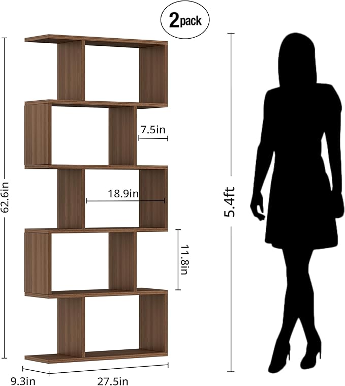 5-Tier Geometric Bookcase (Set of 2), 62.6" Tall S-Shaped Bookshelf & Room Divider, Modern Brown Freestanding Display Shelving Unit for Living Room, Hallway, Home Office