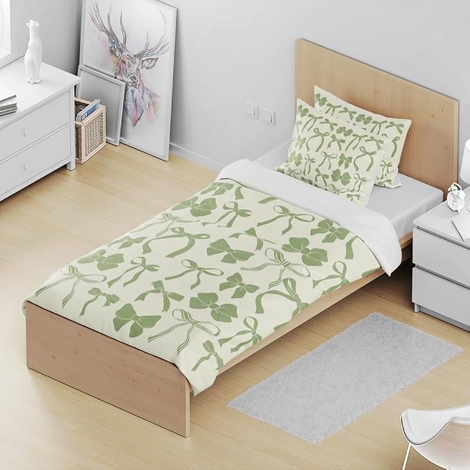 Sage Green Trendy Bow Duvet Cover Queen Size Preppy Bedding Set Bowknot Bed Cover,Dreamy Princess Style Kids Girls Super Soft Bedding Set for Teens Funky Coquette Girly Room Decor 88"x88"