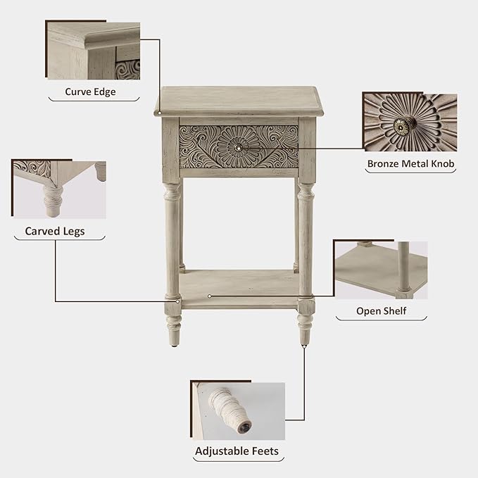 HOMPUS Fully Assembled Farmhouse Nightstand with Drawer and Shelf, Vintage Nightstand with Flower Pattern, Wood End Table, Small Bedside Table Night Stand for Living Room, Bedroom, Distress White