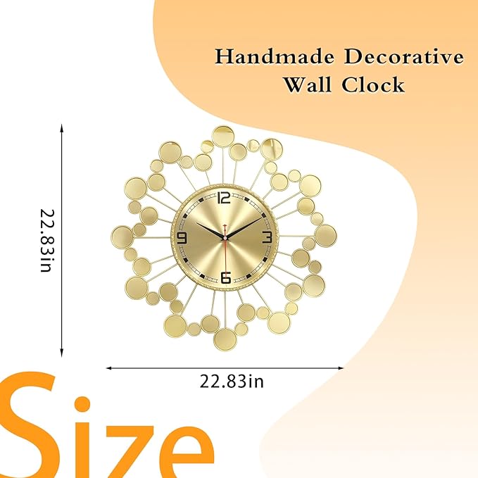 Mid Century Modern Gold Silent Wall Clock Non Ticking for Living Room, 23 inch Decorative Round Black Clock for Wall, Unique Metal Fancy Clock Wall Decor for Bedroom Entryway
