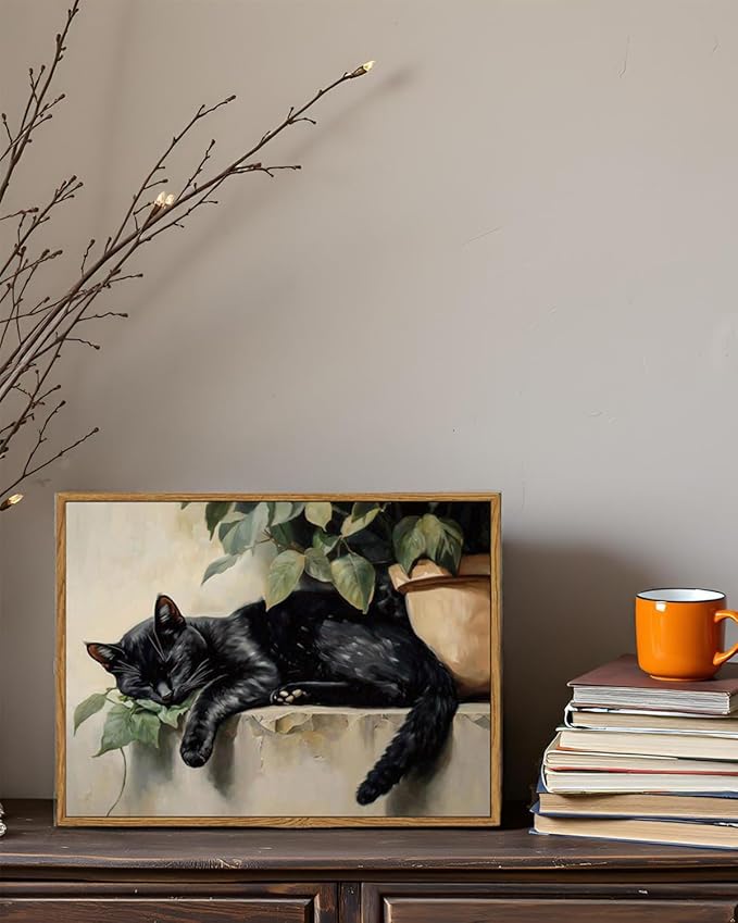 ARPEOTCY Vintage Framed Canvas Wall Art, Sleeping Black Cat Framed Wall Art for Living Room Bedroom Office, Vintage Rustic Animal Art Prints for Bathroom Decor(12x16 Inch)