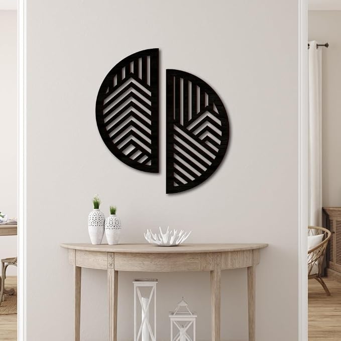 Geometric Wood Wall Art Decor, Modern Mountain Wall Sculptures Hanging Abstract Line Panels Decor, Hollow Half Round Wooden Craft Art Boho Wall Decoration, for Home Office Living Room Bedroom (Black)