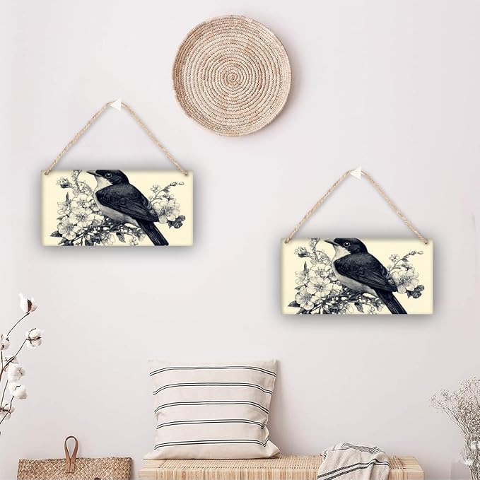 Retro Illustration en Bird & Floral Masterpiece wooden sign, 12x6 Inch Wall Decors for Collectors, Nostalgic Studio Accent, Unique Show & anniversary for Vintage Fans
