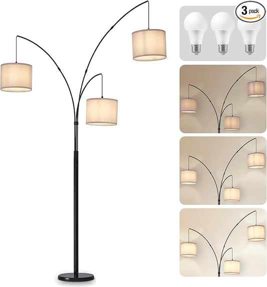 DLLT Modern Floor Lamp for Room: 3-Light Black Tree Dimmable Floor Lamps with Black Shades for Living Room - Arc Standing Lamp for Bedroom - Tall Floor Lamp for Office Corner 3 LED Bulbs Included