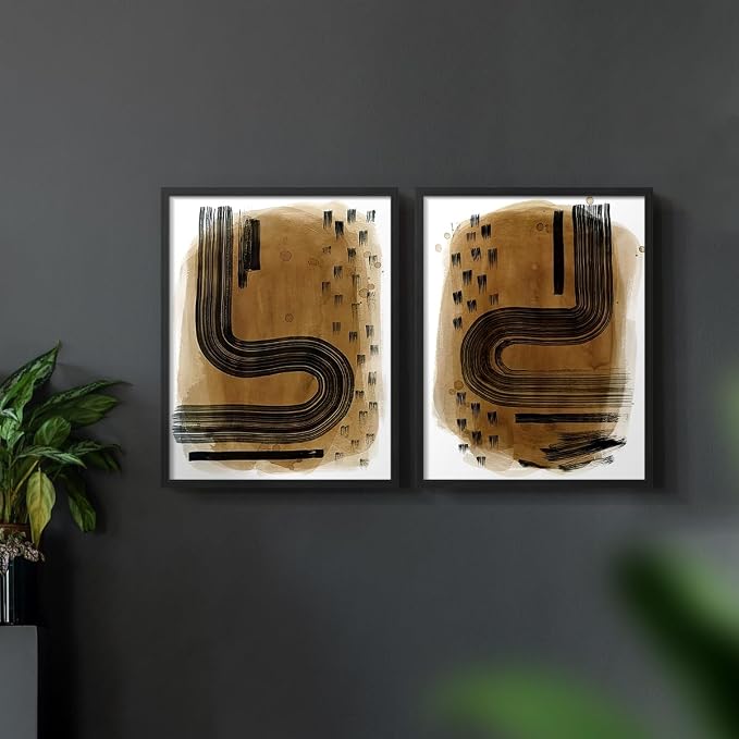 Renditions Gallery Set of 2 Peel & Stick Framed Prints, Abstract Wall Art, Hand Drawn Ink Curves Wall Decor, Re-Stickable - Ready to Hang - 16"x20" - Black Frame LT588
