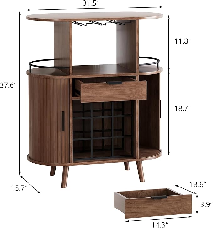 Wine Bar Storage Cabinet, Coffee bar Cabinet for Liquor with Open Wine Rack & Sliding Doors, Modern Home Bar for Living Room, Kitchen, Dining Room (Walnut)