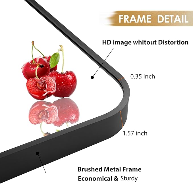 24x36 Inch Black Wall Mirror for Bathroom, Brushed Metal Framed Mirror with Rounded Corner, Rectangle Bathroom Vanity Mirror for Bedroom or Living Room, Horizontal/Vertical