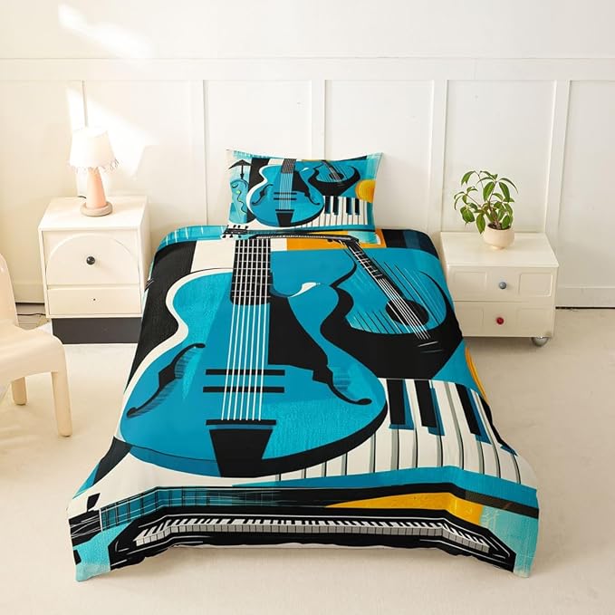 Erosebridal Retro Music Duvet Cover Twin for Adults - Modern Musical Instrument Bedding Set Abstract Geometric Square Comforter Cover,Mid Century Jazz Bed Set