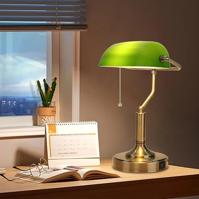 LINNMON Bankers Lamp, Green Desk Lamp with Pull Chain Switch, Retro Lamp with USB and Type C Charging Ports, Vintage Lamp for Home Office, Piano, Library (Retro)