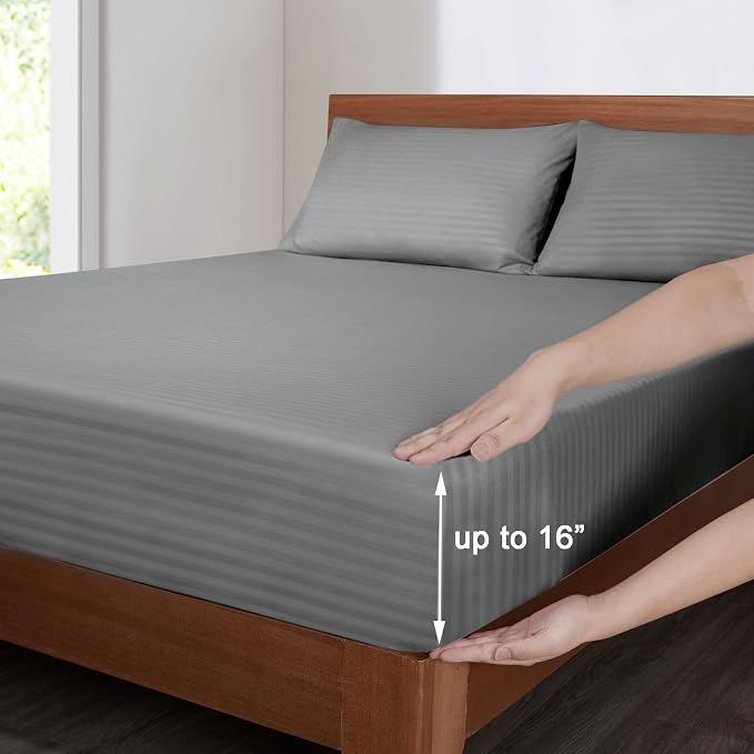 Mejoroom Striped King Size Sheet Set – Hotel Luxury Bed Sheets - Deep Pocket Up to 16 inch, Breathable, Wrinkle, Fade and Stain Resistant – 4 Piece(Gray)