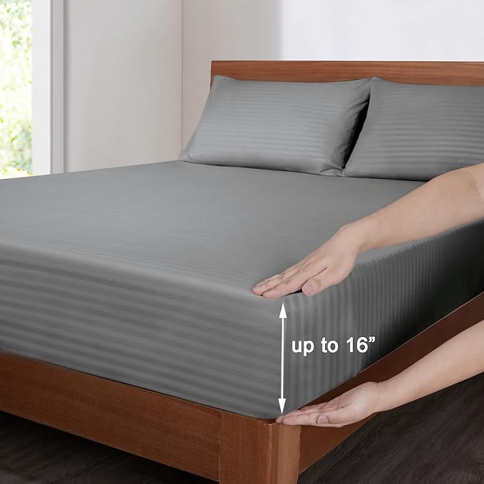 Mejoroom Striped Full Size Sheets – Extra Soft Full Size Bed Sheets - 16inches deep Pocket Full Sheet Set, Breathable, Wrinkle, Fade and Stain Resistant – 4 Piece(Gray)