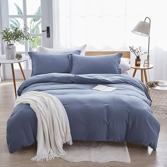 Dreaming Wapiti Duvet Cover Queen,Washed Microfiber Haze Blue Queen Size Duvet Cover Set,Solid Color - Soft and Breathable with Zipper Closure & Corner Ties (Haze Blue, Queen)