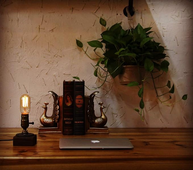 Industrial Steampunk Desk Lamp,Vintage Steam Punk Piping Table Top Lamp,Antique E26 Small Edison Bulb Iron Retro Lamps with Minimalist Loft Style Accent Wood Base for Bedside,Café,Bar,Pub,etc