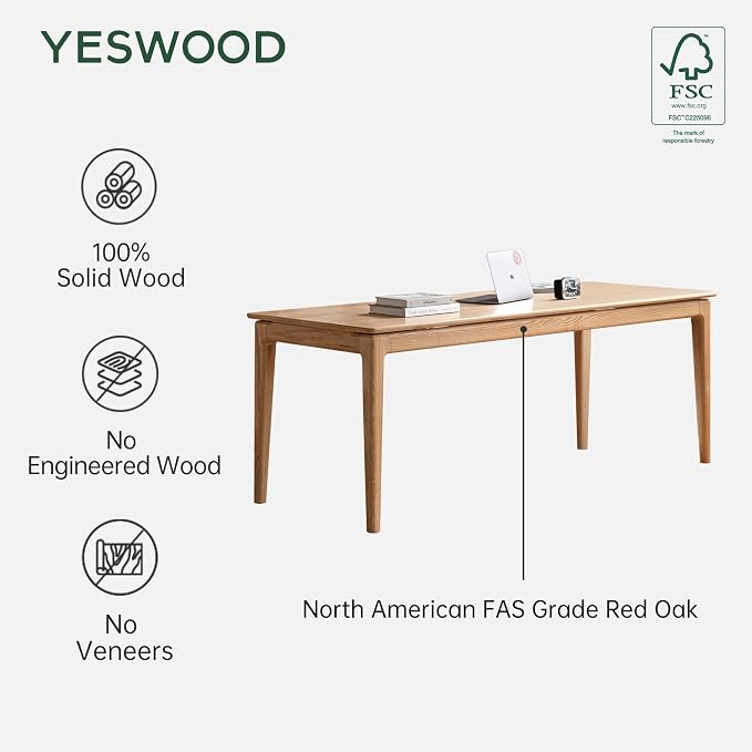 YESWOOD Rectangular Solid Wood Home Office Desk, Modern Dining Table, Writing Computer Desk for Sturdy, Dining Room, Living Room, Office Natural Wood Color 47.24" W