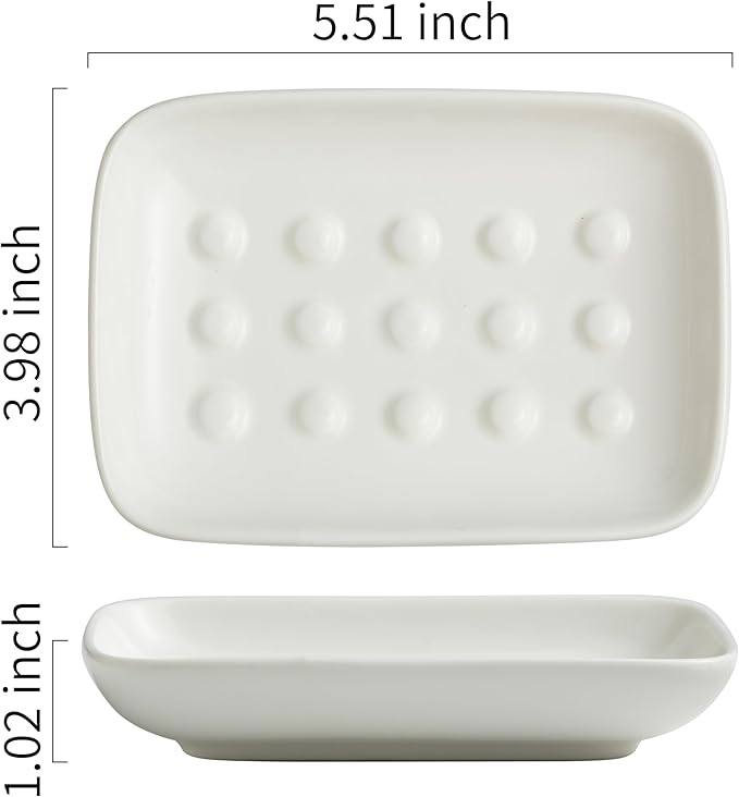 Soap Dish, Ceramic Soap Holder Shower Soap Dish for Bar Soap Sponge, Soap Saver Tray for Bathroom Kitchen Sink, White (Pack of 2)