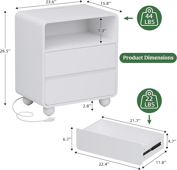 Lulive Wood Night Stand with Drawers, Modern Bedside End Table with Charging Station, Curved Profile Design Storage Nightstand for Bedroom, White
