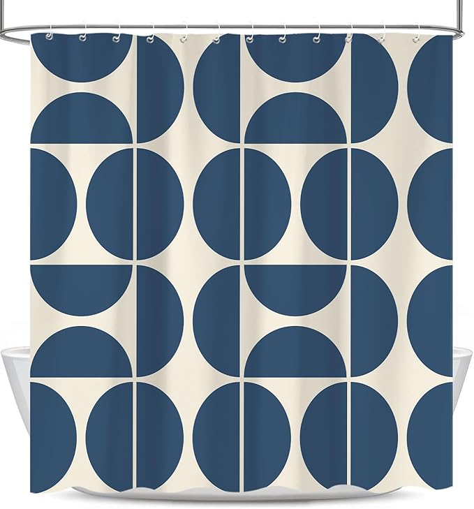 Dark Blue Mid Century Modern Shower Curtain, Boho Abstract Geometric Retro Art Shower Curtains for Bathroom, Colorful Unique Pattern Polyester Fabric Shower Curtain Set 12 Hooks 72X72IN