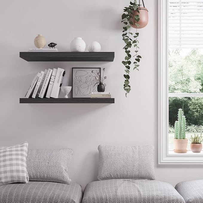 Floating Shelf, Set of 1 Wall Shelf, 36 in W x 12.75 in D x 2 in H Wooden Floating Wall Shelf with Invisible Brackets for Living Room/Bedroom/Bathroom/Kitchen Storage and Decor, Black Wood