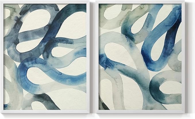 Renditions Gallery Set of 2 Peel & Stick Framed Prints, Watercolor Abstract Wall Art, Aquatic Water and Sand Strokes Wall Decor, Re-Stickable - Ready to Hang - 8"x10" - White Frame LT588