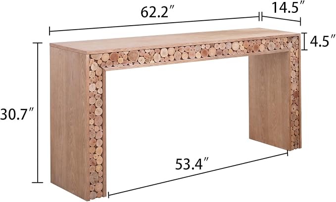 Wood Console Table, 62" Retro Long Sofa Table Behind Couch with Natural Log Accents, Farmhouse Wooden Narrow Sofa Table Hall Table for Living Room Foyer Entrance Entryway, Natural