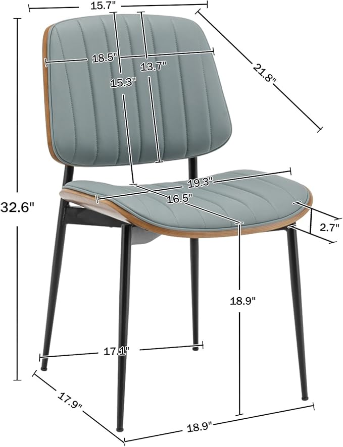 LUNLING Dining Chairs Set of 4 Mid Century Modern Retro Faux Leather Chair with Walnut Bentwood Upholstered Seat Metal Legs Chairs,Adjustable Foot for Kitchen Dining Room Chairs(Blue)