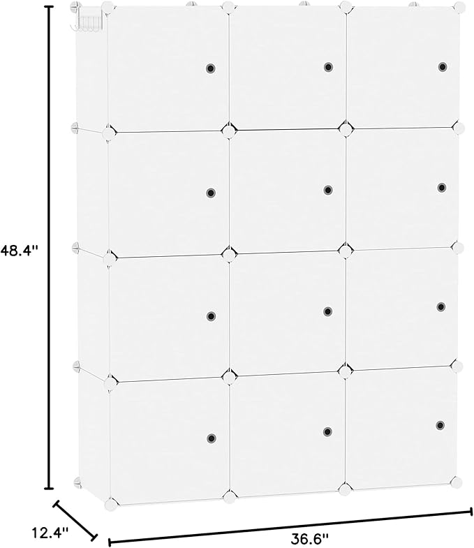 C&AHOME Cube Storage Organizer with Doors, 12-Cube Shelves, Closet Cabinet, DIY Plastic Modular Bookshelf Ideal for Home, Living Room, 36.6”L x 12.4”W x 48.4”H Milky USHS3012M-DOOR