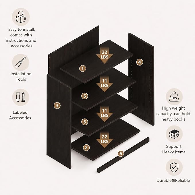 Wooden 3-Tier Bookshelf, Adjustable Open Storage Shelf Unit, 31.5" Tall Bookcase（Chocolate）