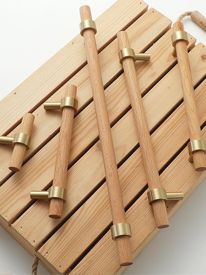 Natural Wood and Brass Kitchen Cabinet Handles 7~9.5 Inch 4Set Center to Center Adjustable Double Hole Modern Dresser Pulls, Unfinished DIY Drawer Knobs