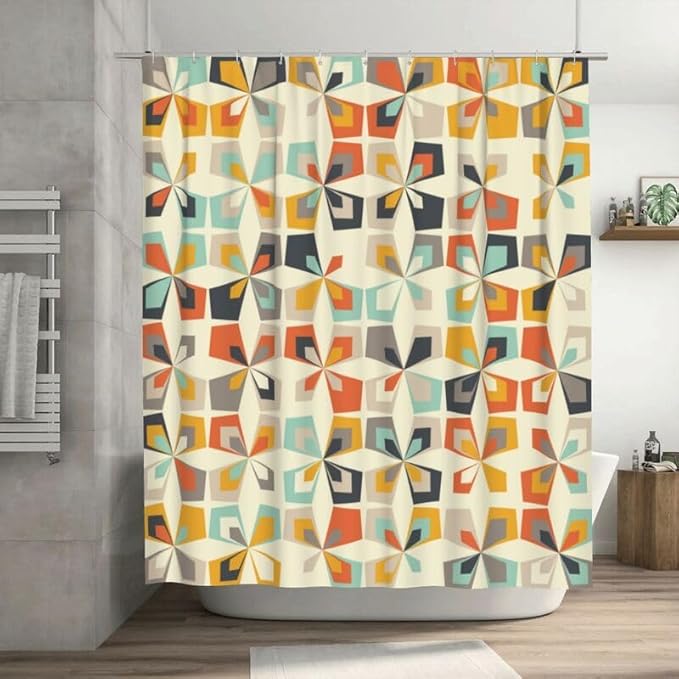 Mid Century Shower Curtain Geometric Retro Rustic Style Pattern Duty Fabric Shower Curtains Set Bathroom Polyester Waterproof with 12 Hooks, 66x72Inch（168x183cm）