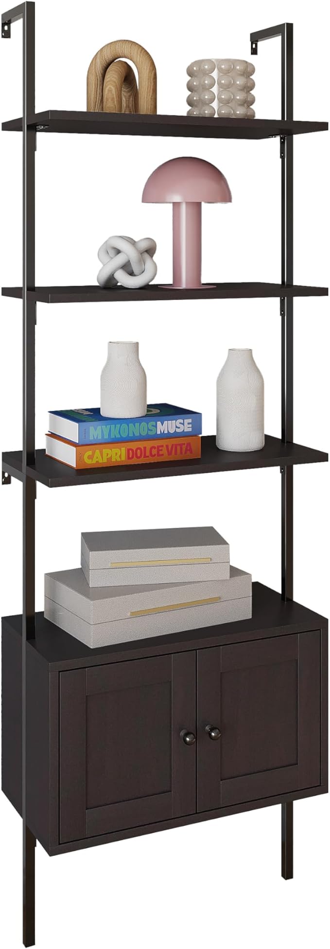 happimess MSH1002A Tulare 72.05" MidCentury Industrial 4-Shelf Wood Wall-Mounted Open Ladder Bookcase with Cabinet and Metal Frame, Black