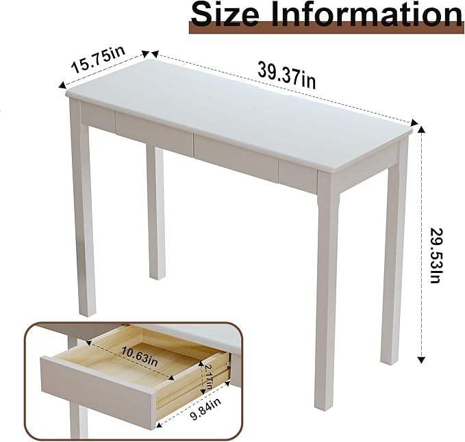 Solid Wooden Desk with Drawers - 39 x 16 Inch Modern Narrow Desks, Rubberwood Simple Study Table, Small Writing Desk for Bedroom|Small Spaces - White Desks