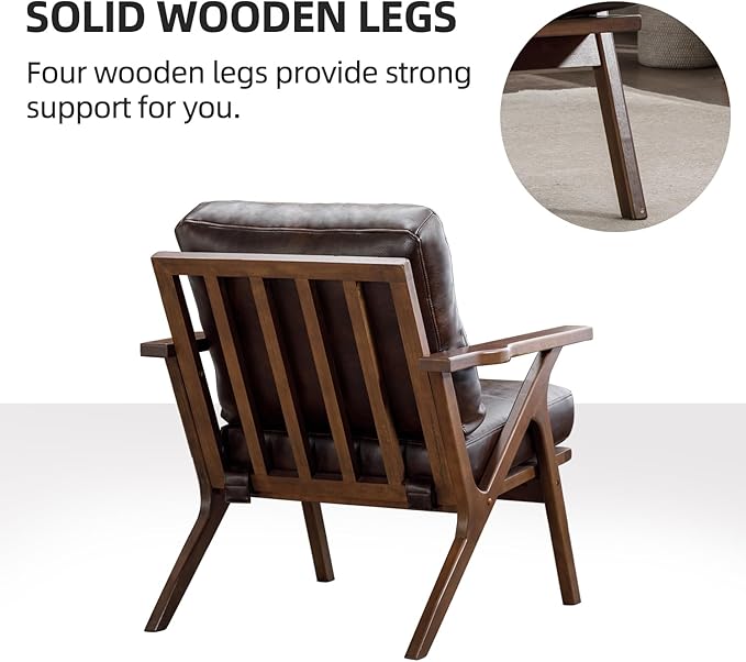 INZOY Mid-Century Modern Accent Chair with Wood Frame Set of 2, PU Leather Living Room Chair and Soft Thick Padded Armchair for Living Room Bedroom Reception with Removable Upholstered Cushions, Brown