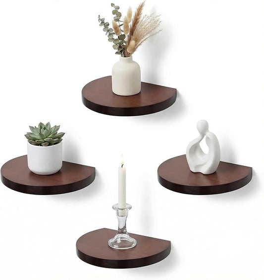 Small Wood Floating Shelves (4-Pack, 6-inch Diameter) - Round Sturdy Invisible Wall Mount Display for Small Plants,Toys,Bathroom,Living Room Storage & Modern Rustic Décor (Dark Walnut)