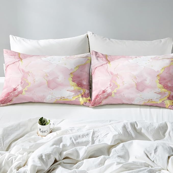 Erosebridal Girls Pink Marble Bedding Sets Twin Pastel Watercolor Comforter Cover, Abstract Artwork Bed Set Girly Aesthetic Duvet Cover, Geometric Marbling Mountain Fluid Quilt Cover (Zipper Closure)