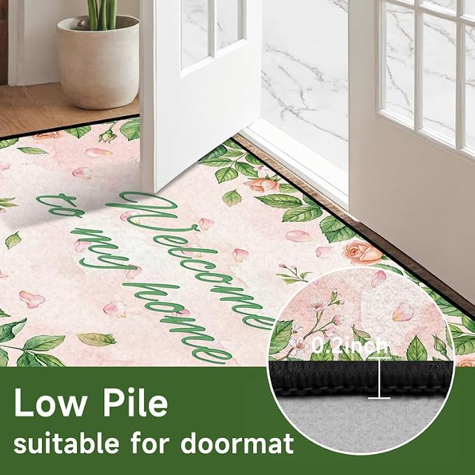 Welcome Rug Floral Area Rug for Entryway Bedroom Living Room Nursery Playroom Classroom Home Decor Pink Rose Green Leaf Carpet Non-Slip Washable Floor Mat,2'x3'