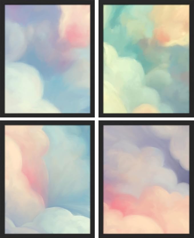SIGNWIN Framed White Pastel Watercolor Rainbow Sky Clouds Wall Art, Set of 4 Abstract Geometric Wall Decor Prints, Nature Wilderness Wall D¨¦cor for Living Room, Bedroom - 12"x16" Black