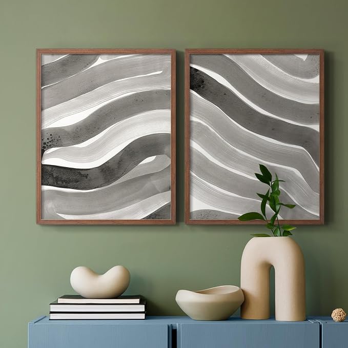 Renditions Gallery Set of 2 Peel & Stick Framed Prints, Watercolor Abstract Wall Art, Black and White Bold Brushstrokes Wall Decor, Re-Stickable - Ready to Hang - 11"x14" - Walnut Frame LT588