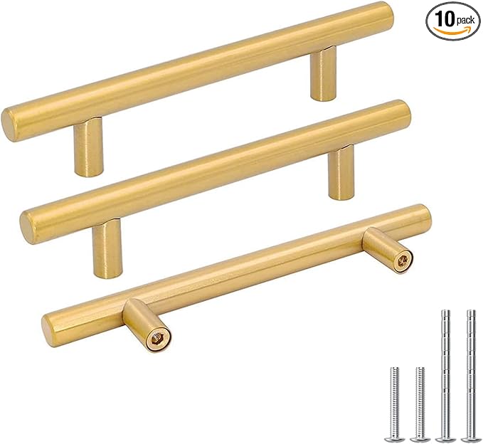 Goldenwarm 10 Pack 4 inch Gold Cabinet Handles Brushed Gold Cabinet Pulls Stainless Steel Drawer Pulls, Durable Kitchen Cabinet Handles - Bathroom Bedroom Dresser Handles Easy DIY Upgrade