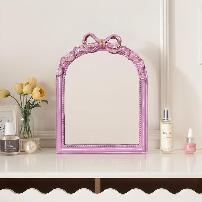 Pink Bow Mirror - 13x10 Inch Elegant Decorative Accent, Wall-Mounted & Tabletop Makeup Mirror for Bedroom Decor