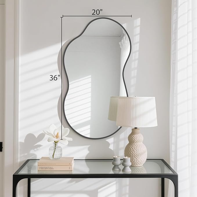 HOMECOOKIN 36" H x 20" W Irregular Wall Mirror, Asymmetrical Decorative Mirror with Black Aluminum Frame, Wavy Abstract Black Mirror, for Living Room, Bedroom, Bathroom, Entryway, Cloakroom