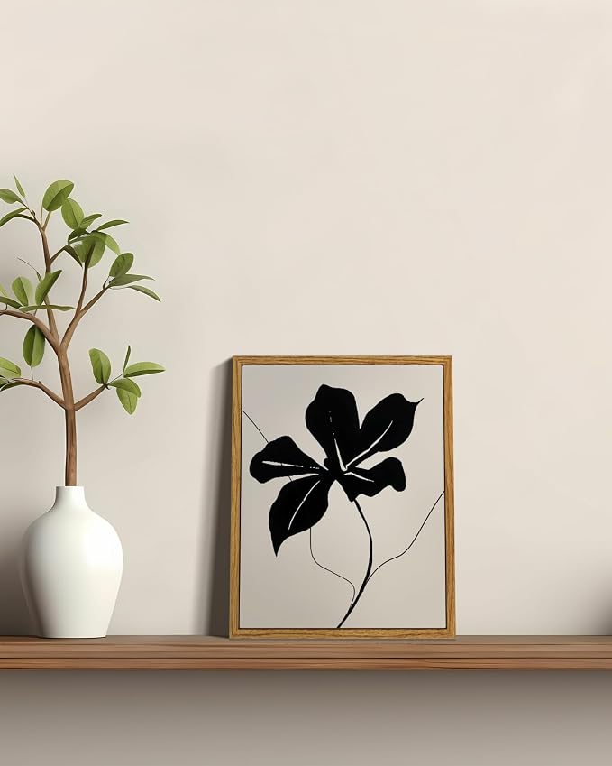 ARPEOTCY Vintage Framed Canvas Wall Art, Black Abstract Minimalist Flower Art Prints Home Decor Aesthetic, Rustic Mid Century Oil Paintings for Bedroom Bathroom Decor,8x10inch
