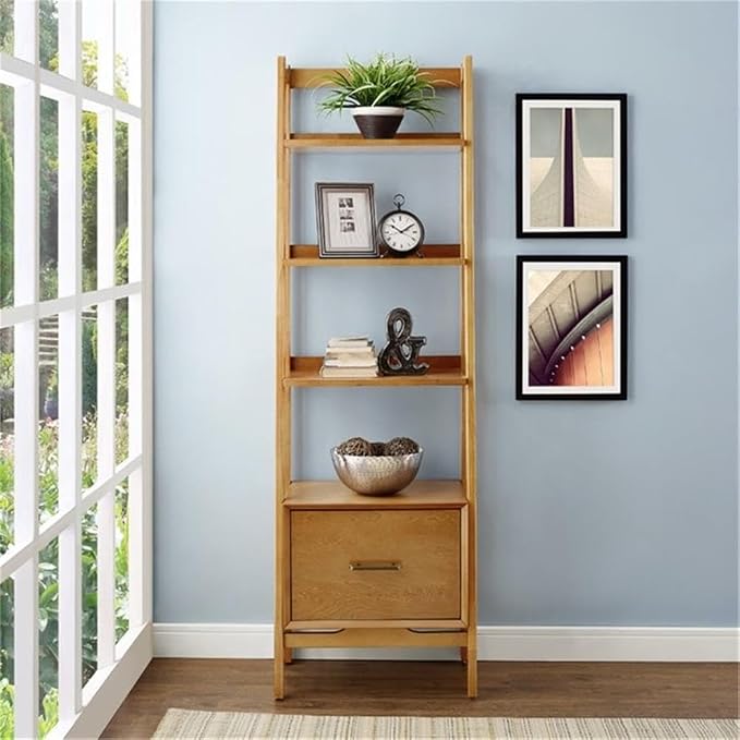 Pemberly Row 70" 4-Shelf Ladder Style Bookcase, MDF and Solid Hardwood, Acorn Finish, Mid-Century Modern Design, Full Extension Drawer, Metal Hardware, Narrow Storage for Office, Entryway or Bathroom