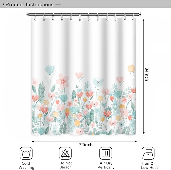 Nature Flower Shower Curtain for Bathroom Blue and Pink Floral Wild Grass Botanical Shower Curtain Modern Aesthetics Washable Polyester Durable Fabric Shower Curtain with Hooks, 72x84 Inch