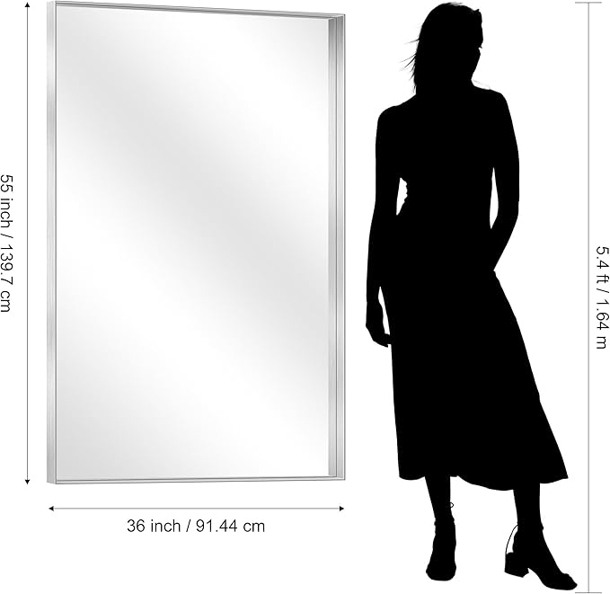 CIRCUMI Silver Bathroom Mirror, 36"x55" Rectangular Mirror with Deep Metal Frame, Brushed Finish, Tempered Glass, Large Mirror for Wall, Over 2 Sinks, Installed Vertically/Horizontally, Crystal-Clear